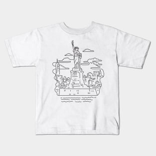 Statue of Liberty with New York City Skyline USA Mono Line Art Kids T-Shirt